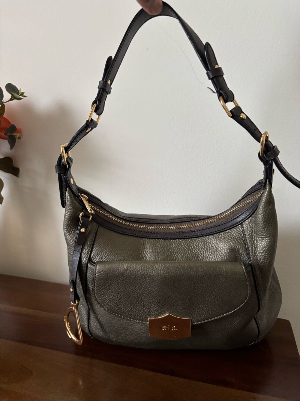 Ralph Lauren Olive Green Pebbled Leather Shoulder Bag with Dark Brown Trim